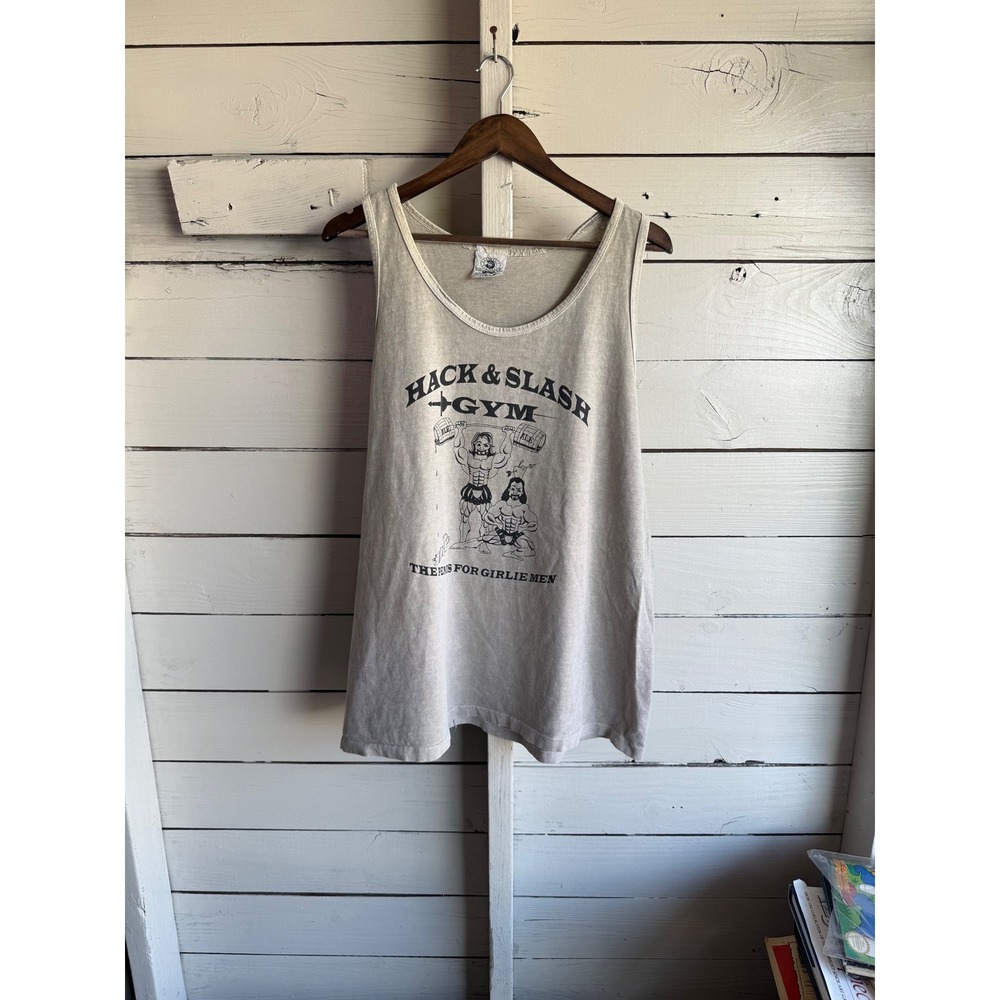 Vintage Anvil Hack & Slash Gym Tank Top Mens XL Grey Graphic Muscle Tee 90s USA